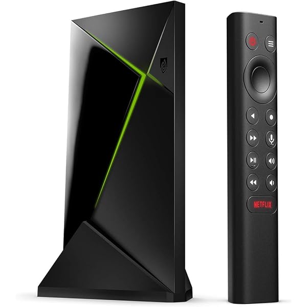 NVIDIA Shield TV Pro remote on a modern TV stand